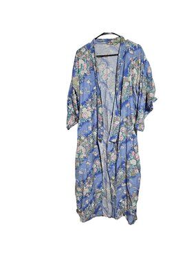 Vintage Japanese Kimono Robe Blue Pink Tie Belt Floral Cotton Made In Japan